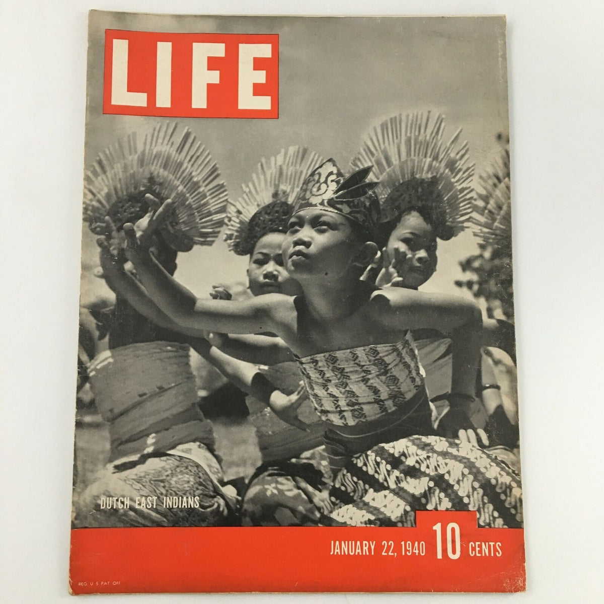 VTG Life Magazine January 22, 1940 featuring a striking photo of Dutch East Indians, showcasing cultural attire and traditional dance, with a highlighted 'LIFE' logo and a vintage layout that enhances its historical significance.