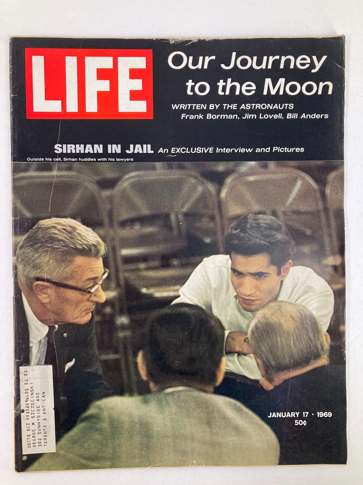 Vintage Life Magazine January 17 1969 featuring a cover story on Sirhan in jail and Our Journey to the Moon, showcasing key historical contexts of the late 1960s.