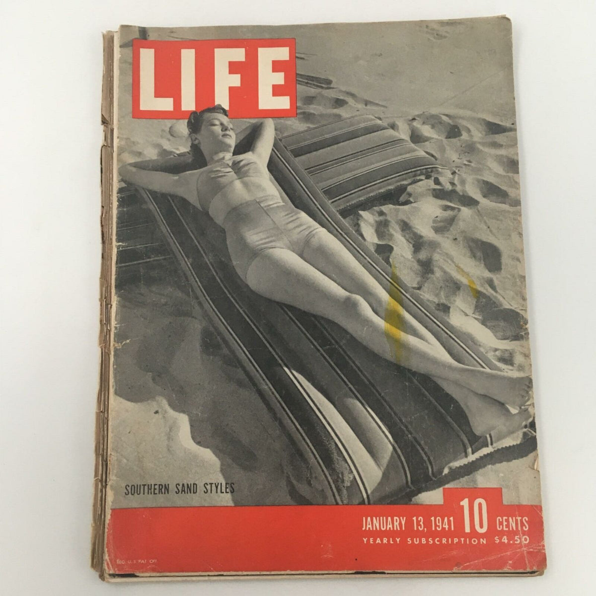 VTG Life Magazine January 13, 1941 Southern Sand Styles featuring a vintage cover with a woman lounging in a swimsuit on a sandy beach, capturing mid-20th century fashion and culture.