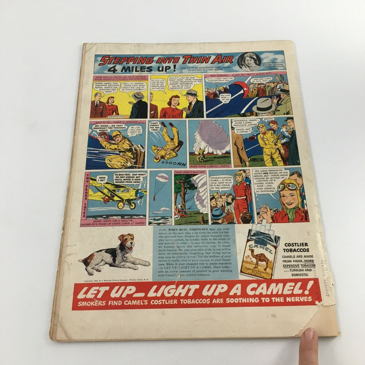 Back cover of the VTG Life Magazine February 27, 1939, featuring the comic section 'Stepping into Thin Air' and an advertisement for Camel cigarettes, showcasing vintage design elements.