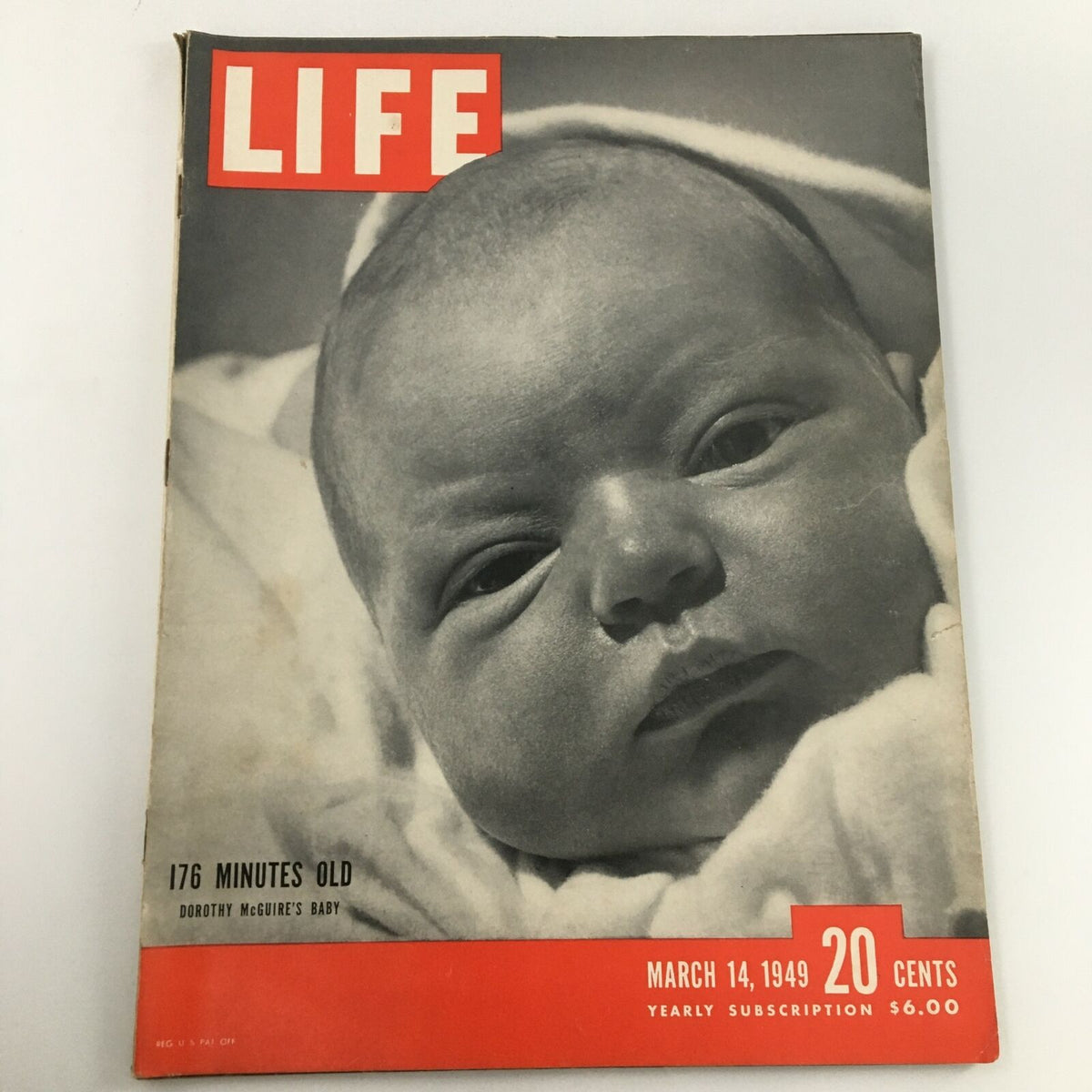 VTG Life Magazine March 14 1949 featuring an image of Dorothy McGuire's baby, just 176 minutes old, showcasing the magazine's iconic style and vintage charm.