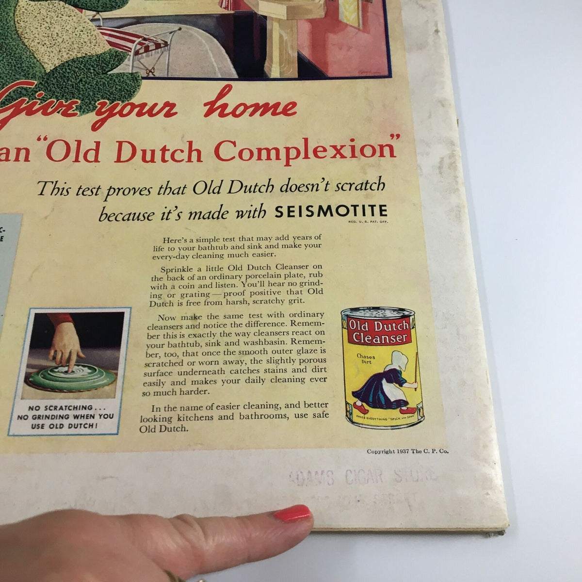 Vintage Life Magazine April 5 1937, showcasing an advertisement for Old Dutch Cleanser, with a hand demonstrating its use. The magazine cover features a charming terrier dog barking up a tree, highlighting its unique historical context.