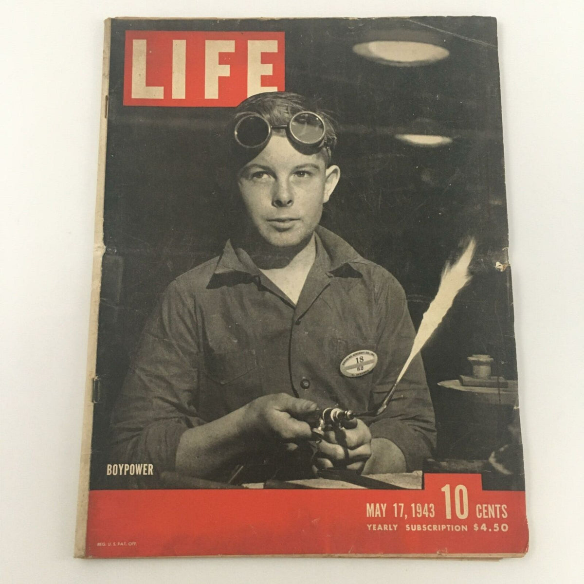 VTG Life Magazine May 17, 1943 cover featuring 'Boypower' with a young boy in goggles, highlighting contributions to the war effort and childhood aspirations.
