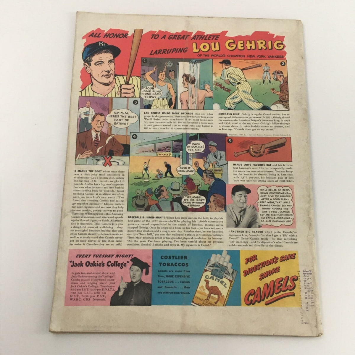 Back cover of VTG Life Magazine from April 26, 1937, celebrating Lou Gehrig with colorful illustrations and advertisements, capturing the essence of 1930s print media.