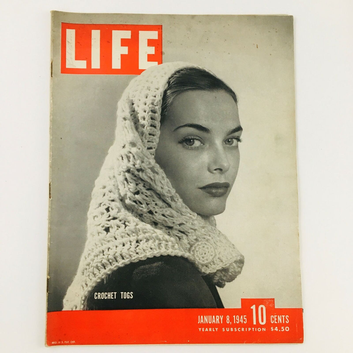 Cover of VTG Life Magazine January 8, 1945 featuring a model wearing a crochet shawl, showcasing fashion trends from the 1940s.