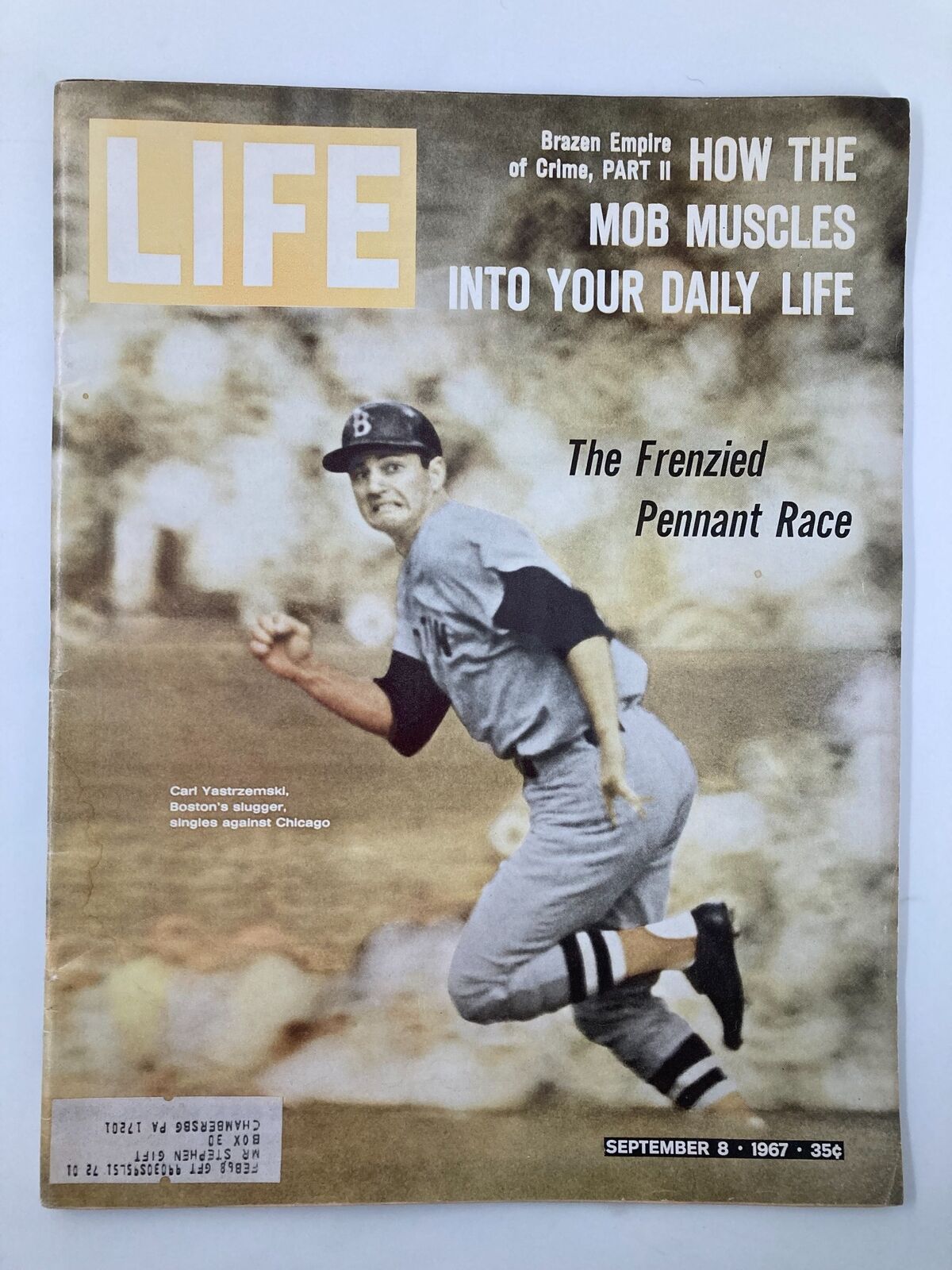 VTG Life Magazine from September 8, 1967 featuring Carl Yastrzemski, Boston's Slugger, showcasing his performance in Major League Baseball during the intense pennant race season.
