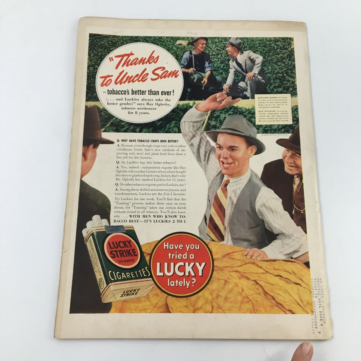 Back cover of VTG Life Magazine from November 13, 1939 featuring an advertisement for Lucky Strike cigarettes, illustrating a nostalgic advertising style of the time.