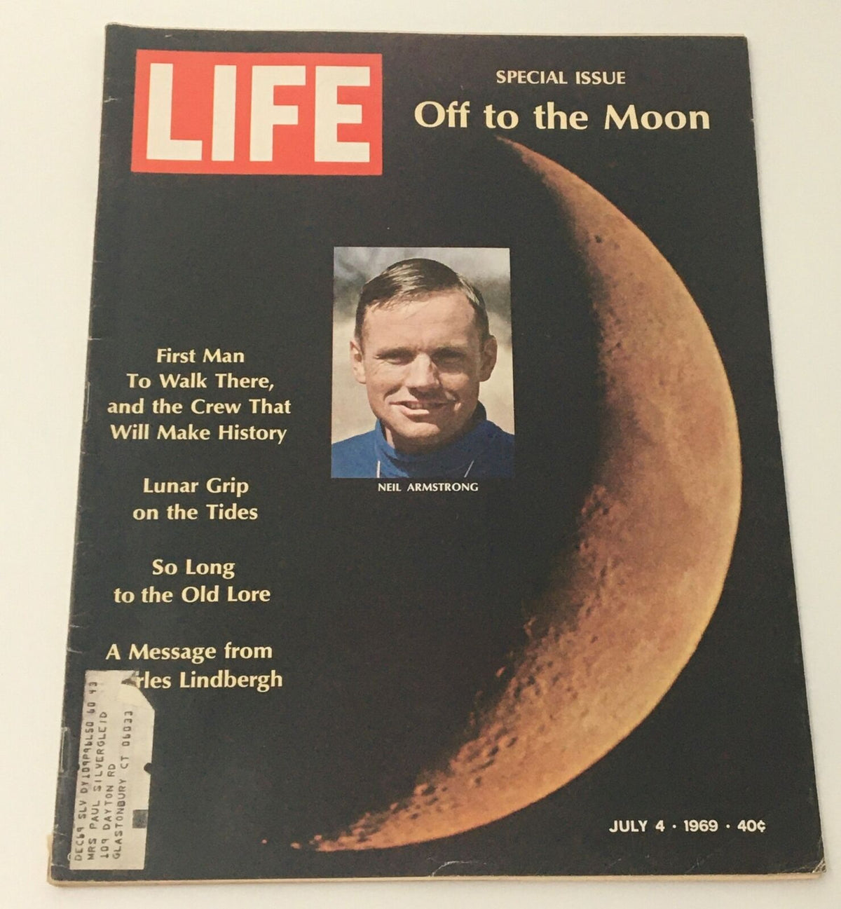 VTG Life Magazine July 4 1969 featuring Neil Armstrong on the cover, celebrating the Apollo 11 mission and the first moon landing, with vintage design and photographic elements.