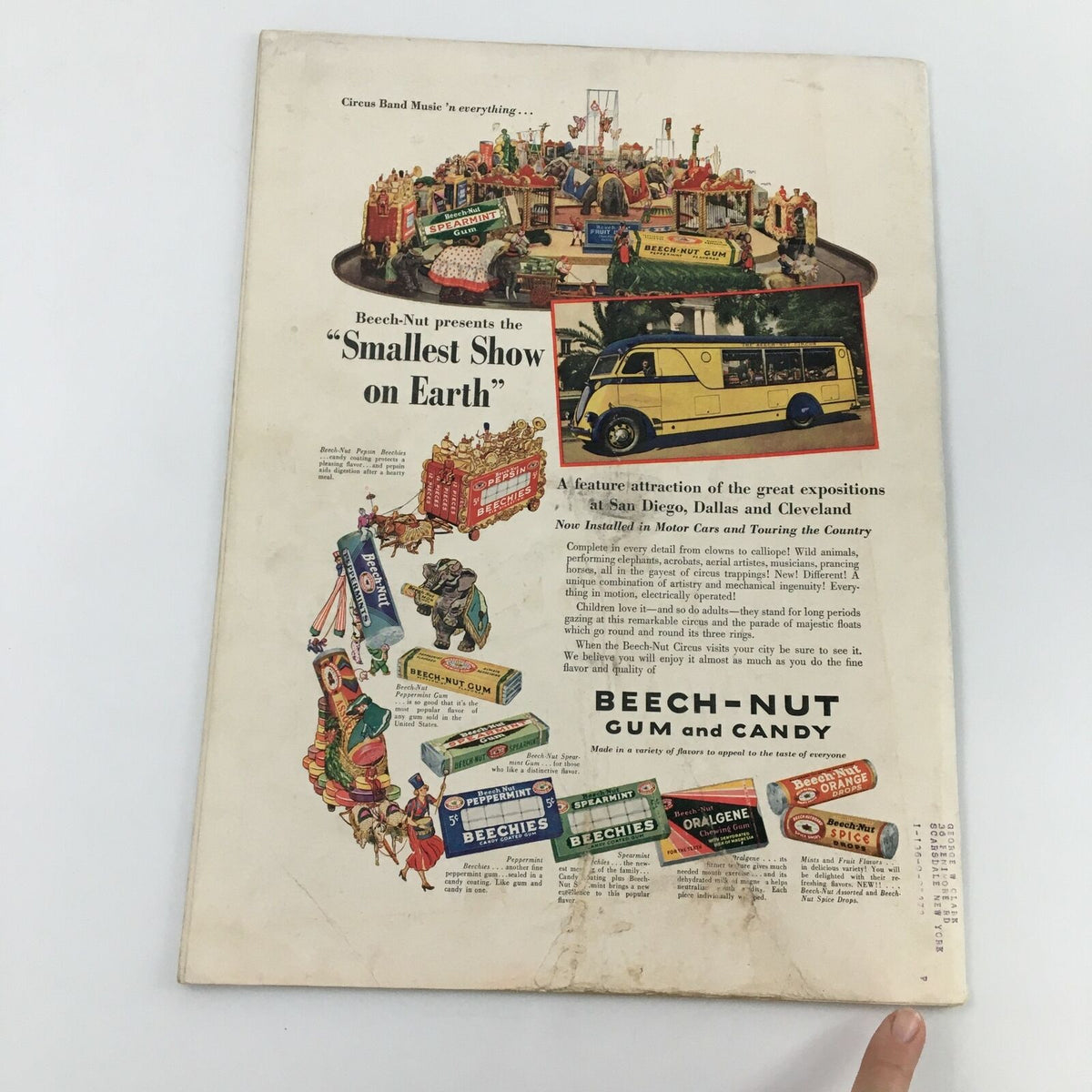 Back cover of VTG Life Magazine December 14 1936 featuring an advertisement for Beech-Nut Gum and Candy, showcasing colorful illustrations of products and a vintage motor vehicle.