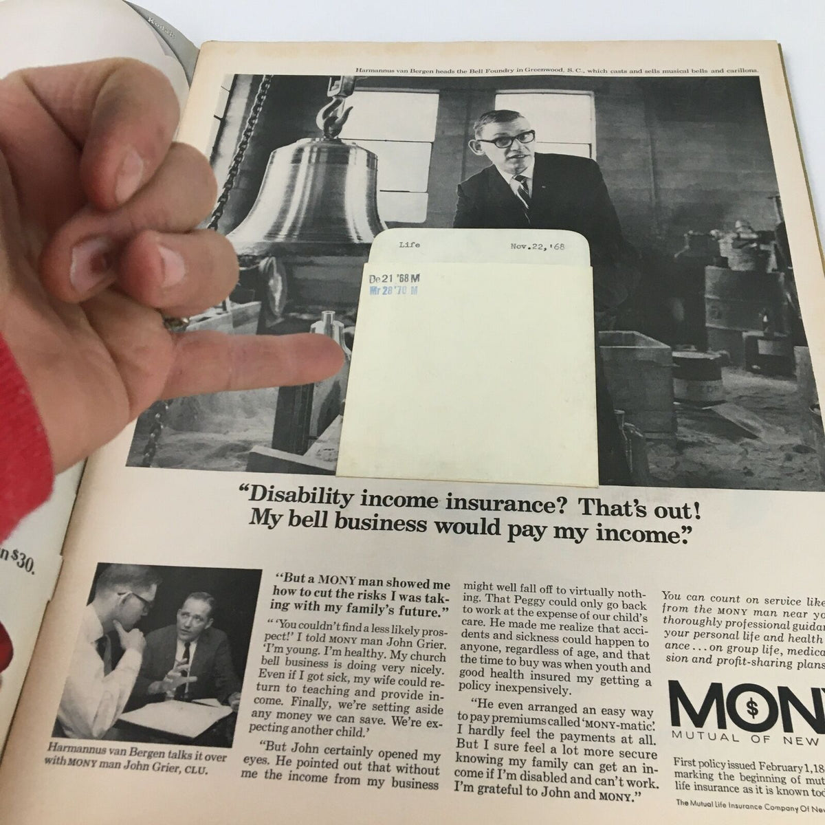 Inside page of VTG Life Magazine November 22 1968 showcasing a library envelope card taped on the front cover, enhancing its historical appeal.