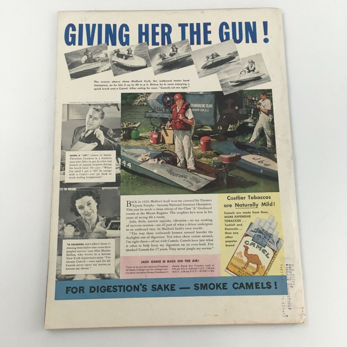 Back cover of VTG Life Magazine from October 11, 1937 featuring a vintage advertisement for Camel cigarettes with images of boating and a man enjoying a cigarette.