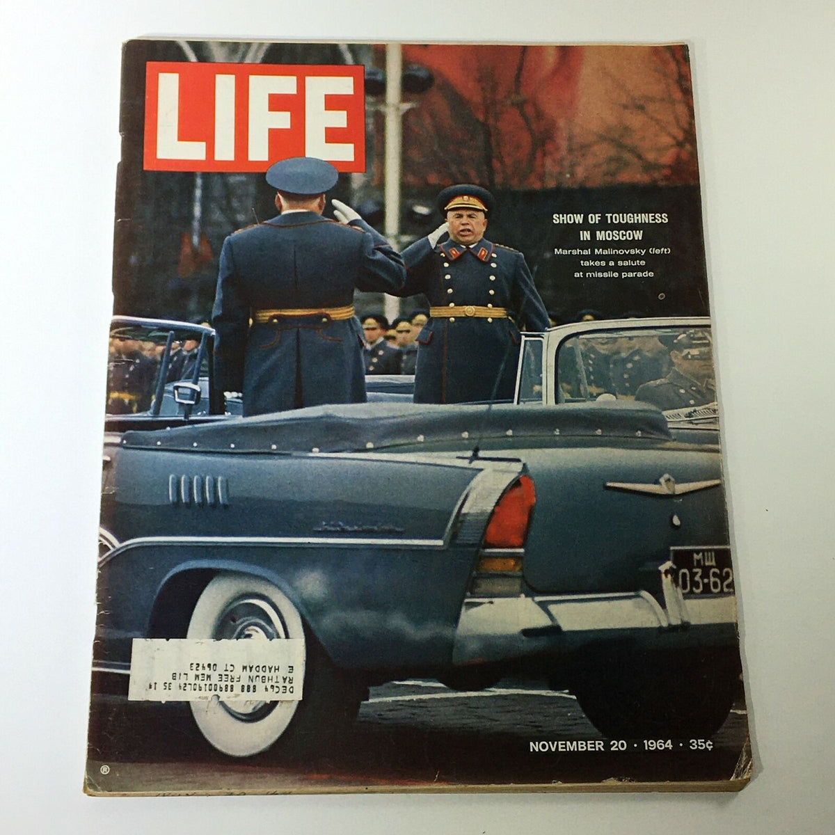 Cover of VTG Life Magazine November 20, 1964, featuring Rodion Malinovsky in Moscow, showcasing a military parade scene with saluting officers.