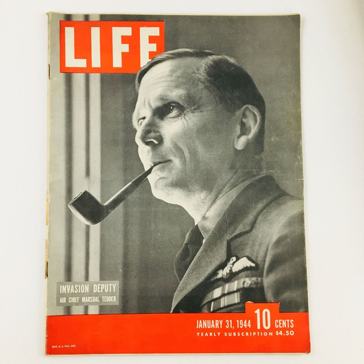 Cover of VTG Life Magazine from January 31, 1944 featuring Air Chief Marshal Arthur Tedder, showcasing a black and white photograph with Tedder smoking a pipe, red 'LIFE' logo, and vintage design elements.