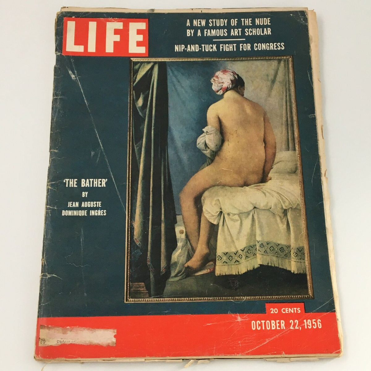 Vintage Life Magazine cover from October 22, 1956 featuring 'The Bather' by Jean Auguste Dominique Ingres with minor wear and discoloration.