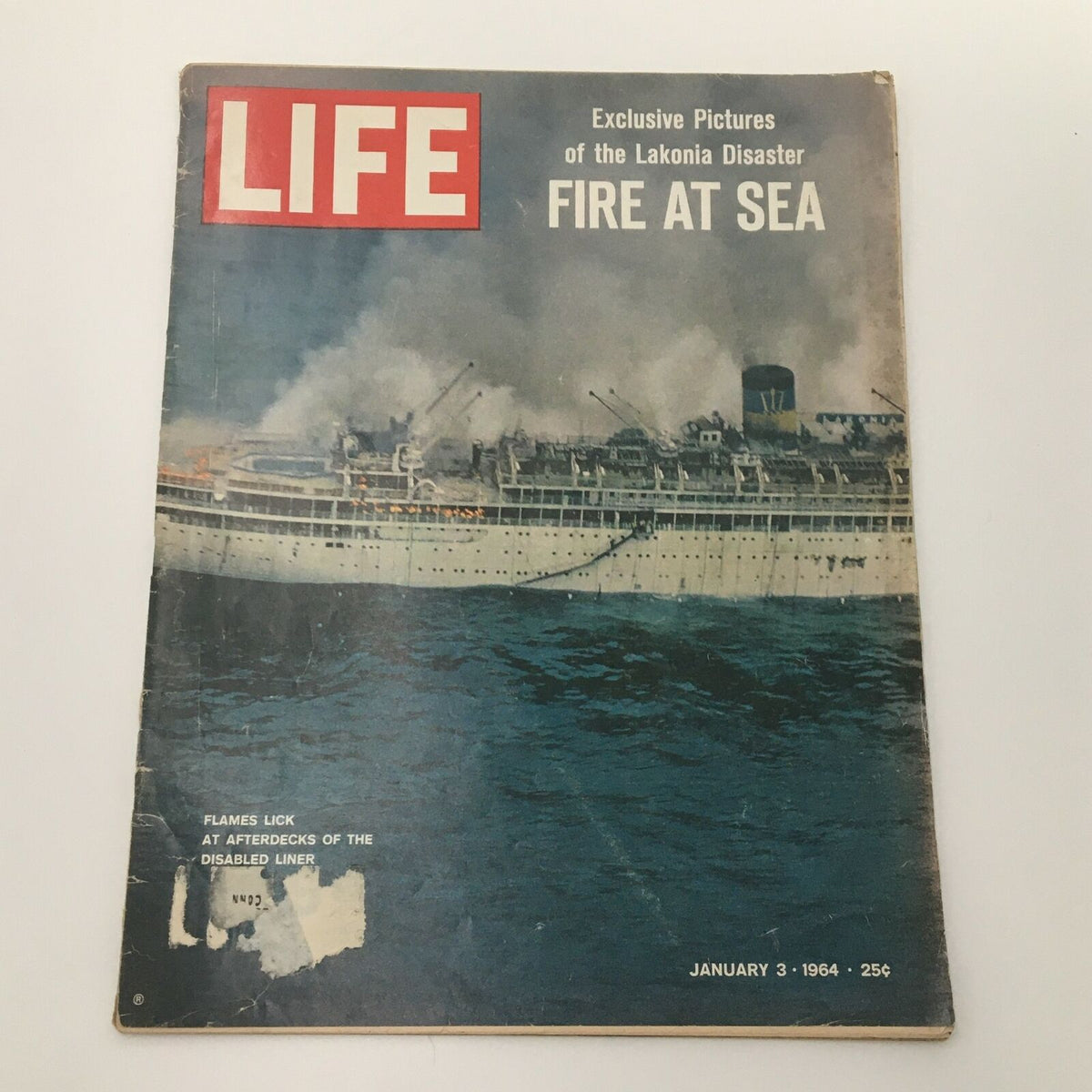 VTG Life Magazine January 3 1964 featuring the Lakonia Disaster with image of a passenger ship engulfed in flames at sea.