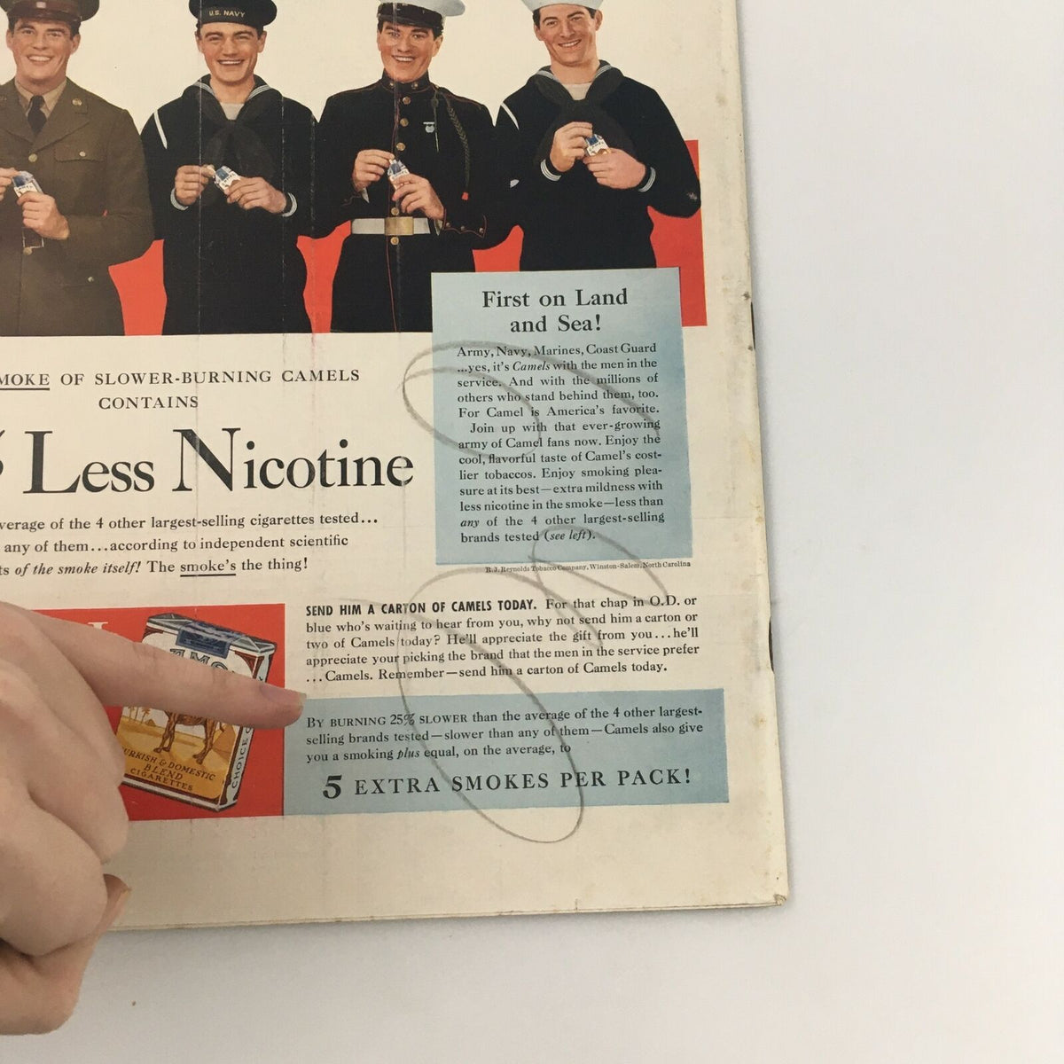 Vintage advertisement from VTG Life Magazine September 22 1941 featuring soldiers promoting Camel cigarettes. A colorful depiction of military personnel emphasizes the brand's message of less nicotine and extra smokes per pack, highlighting the cultural context of the era.