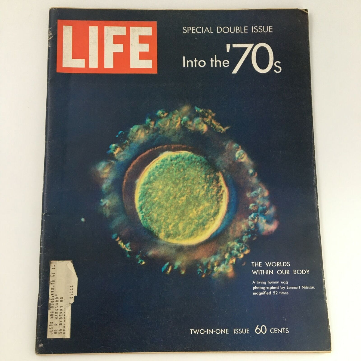 Front cover of the VTG Life Magazine from January 9, 1970, Volume 68, Issue #1, titled 'The Worlds Within Our Body'. Features a vibrant image of a living human egg, photographed by Lennart Nilsson, along with the magazine title and a price of 60 cents.