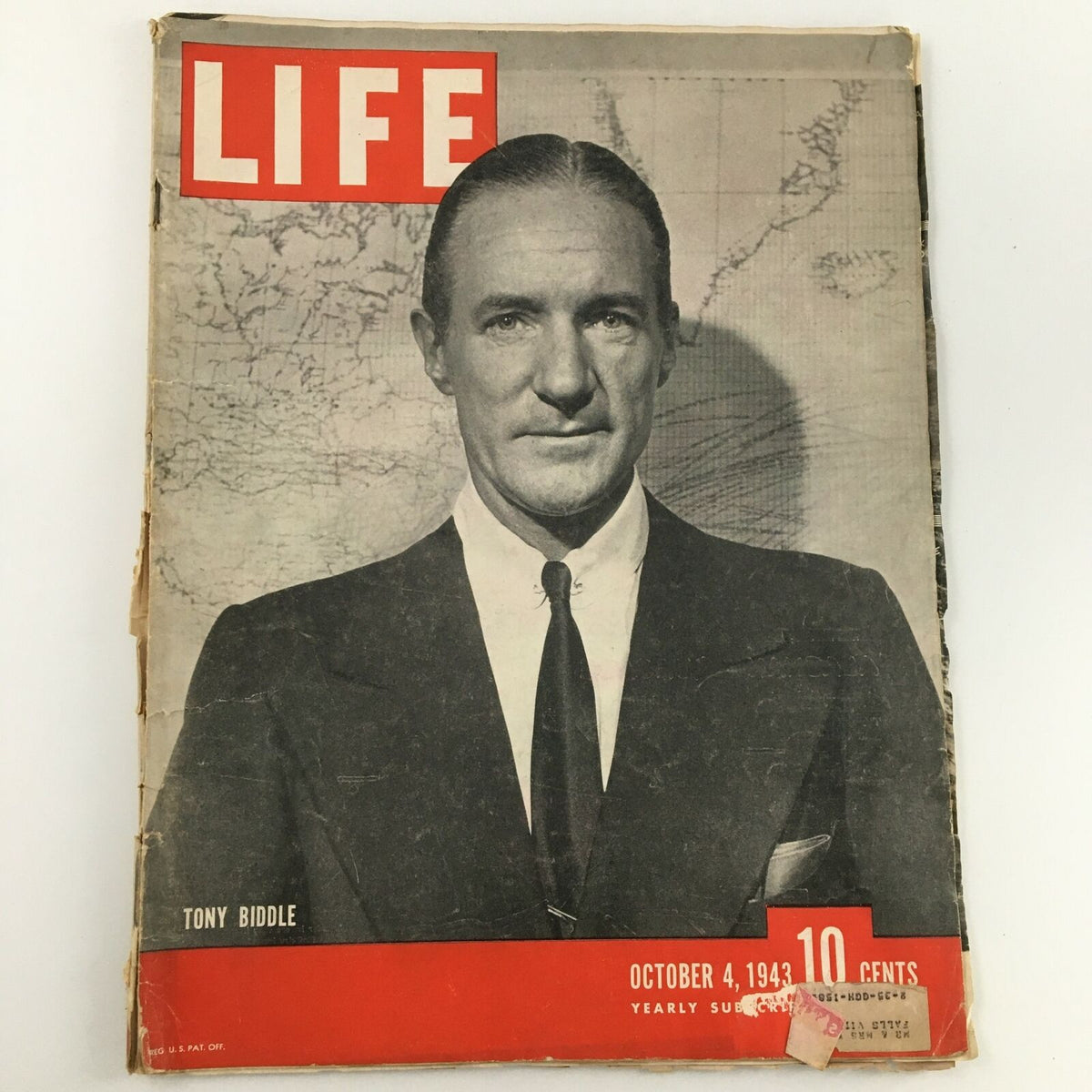 Cover of VTG Life Magazine from October 4, 1943 featuring a portrait of Tony Biddle. The magazine displays the bold red title 'LIFE' and includes historical context from World War II.