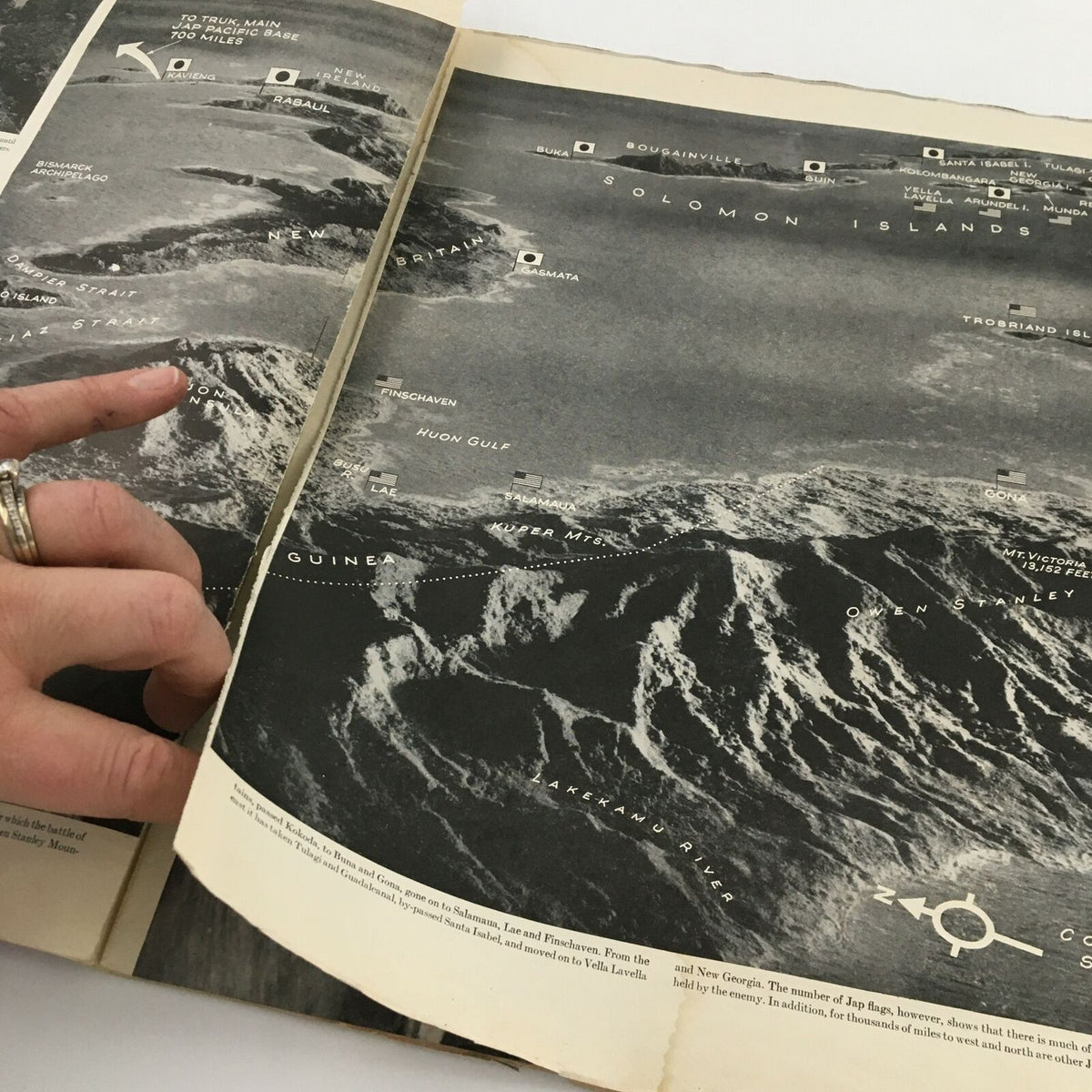 A detailed map featured in the VTG Life Magazine from October 4, 1943, illustrating the Solomon Islands and New Guinea, showcasing significant geographical features and locations during World War II.