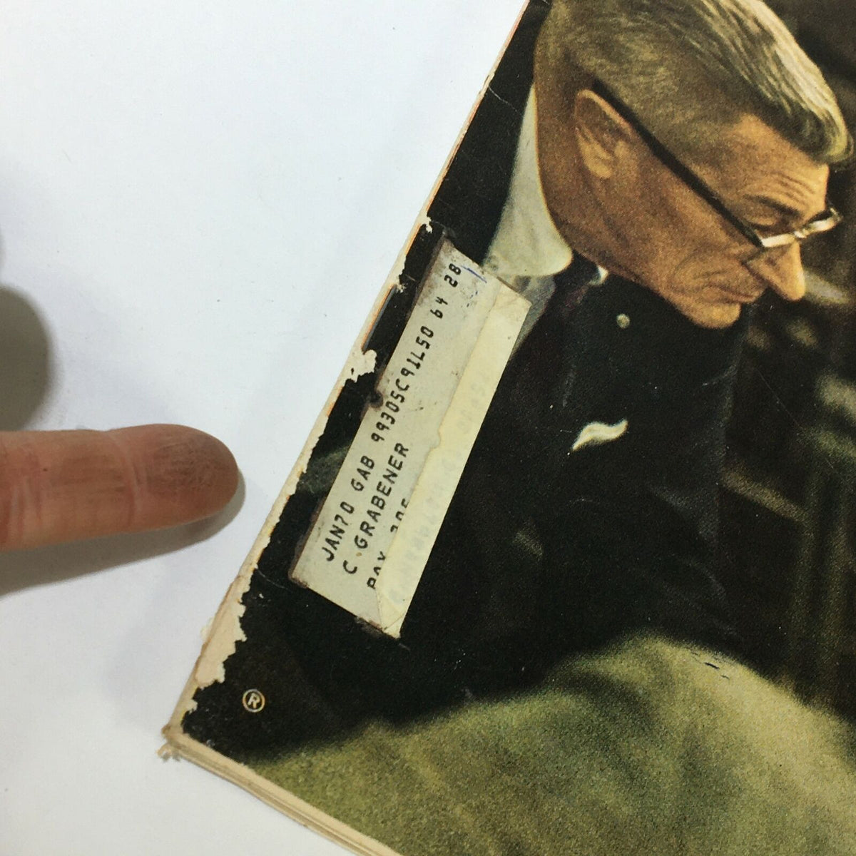 Detail of the VTG Life Magazine January 17 1969 cover showing the address label affixed to the magazine with a finger pointing at it.