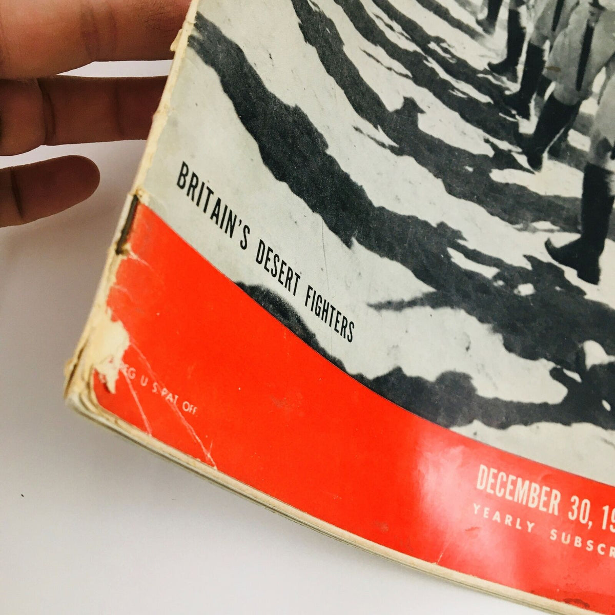 Detailed view of the bottom section of the Vintage Life Magazine cover, December 30, 1940, emphasizing 'Britain's Desert Fighters' and magazine subscription information.