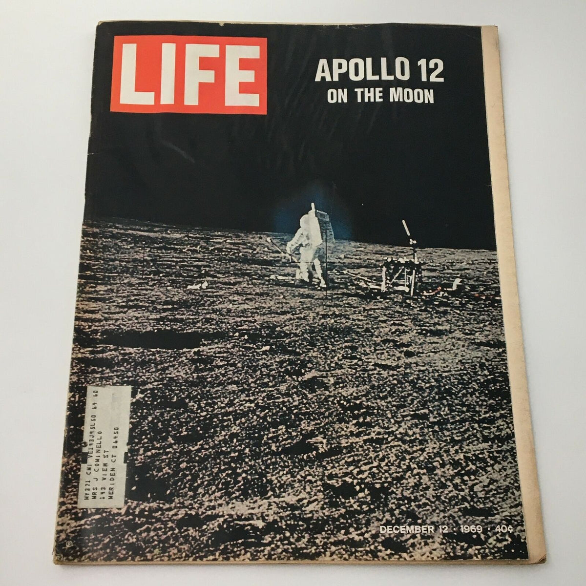 Vintage Life Magazine from December 12, 1969, featuring Apollo 12 on the Moon cover. This collectible magazine highlights the historic moon landing with iconic photography and detailed journalism.