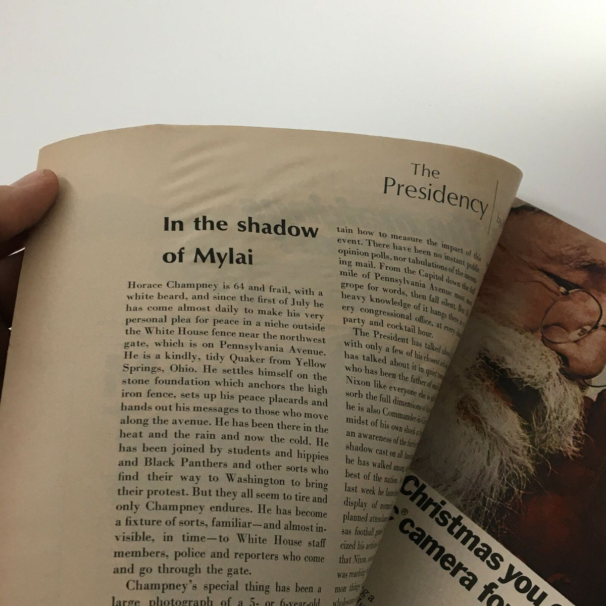 Inside page of VTG Life Magazine December 12, 1969, featuring an article titled 'In the Shadow of My Lai' with descriptive text about Horace Champney's peace advocacy during the Vietnam War.