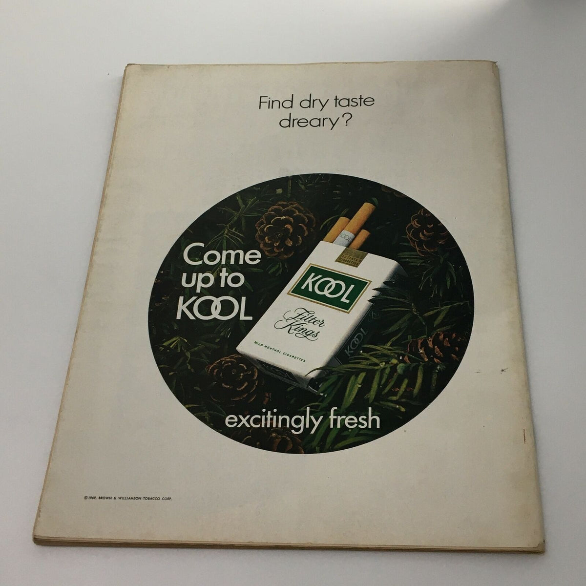 Back cover advertisement of VTG Life Magazine December 12, 1969, promoting KOOL Filter Kings cigarettes with a tagline asking 'Find dry taste dreary?' alongside an image of the cigarette pack.