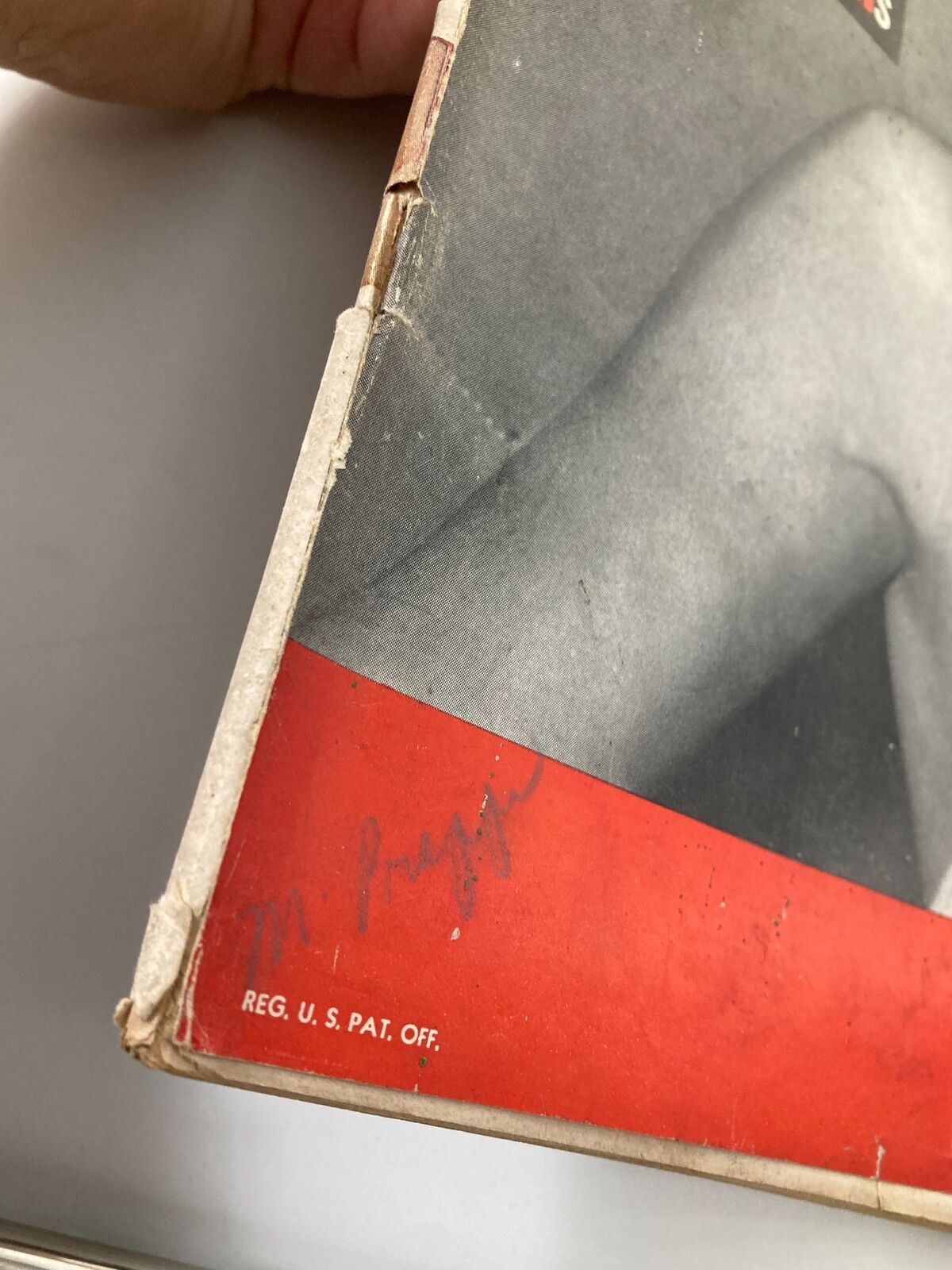 Close-up of the corner of VTG Life Magazine September 25 1944 Special Issue A Letter to GIs showing minor damages and a signature.