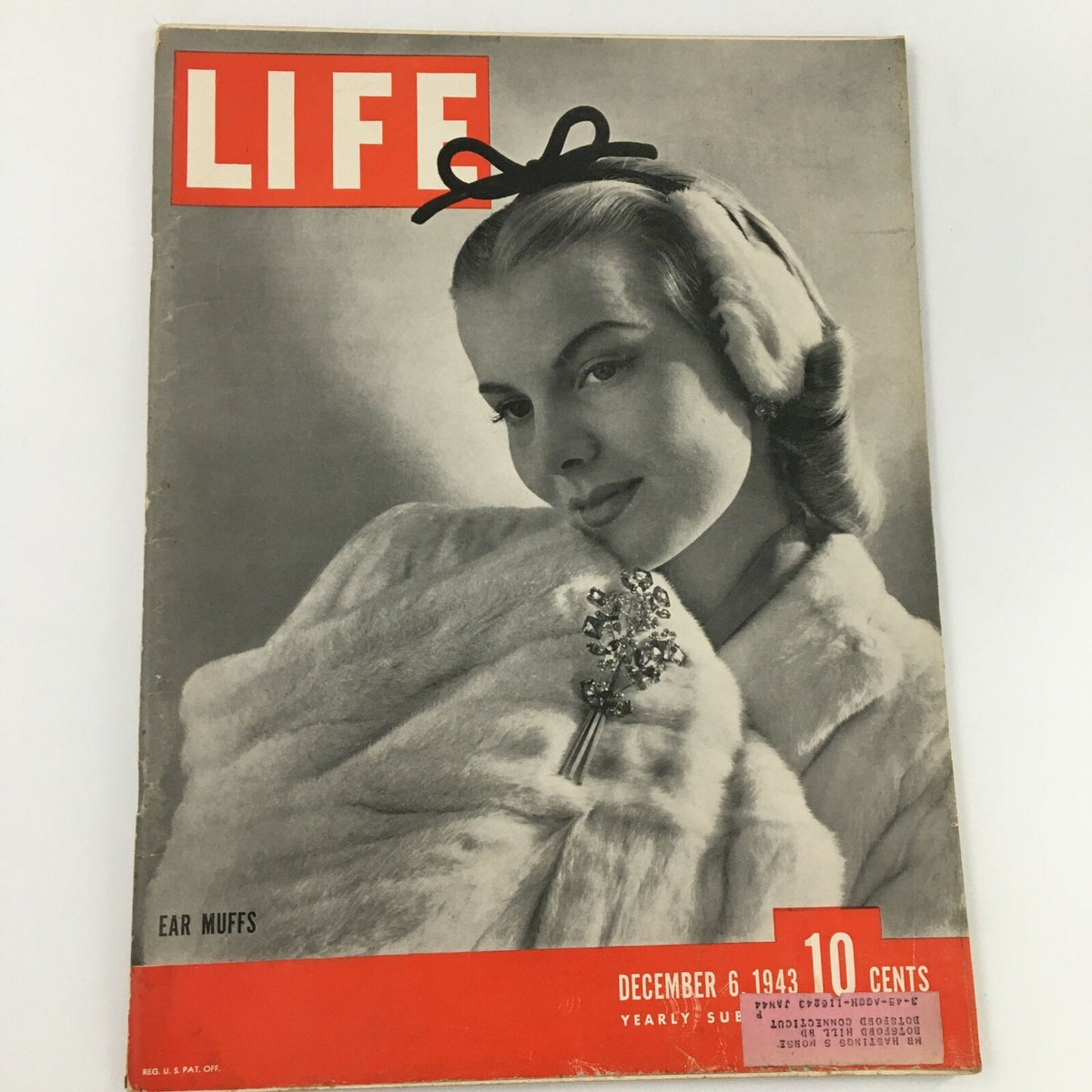 VTG Life Magazine December 6 1943 cover featuring ear muffs, showcasing a stylish woman wearing a fur coat and elegant hair accessories.