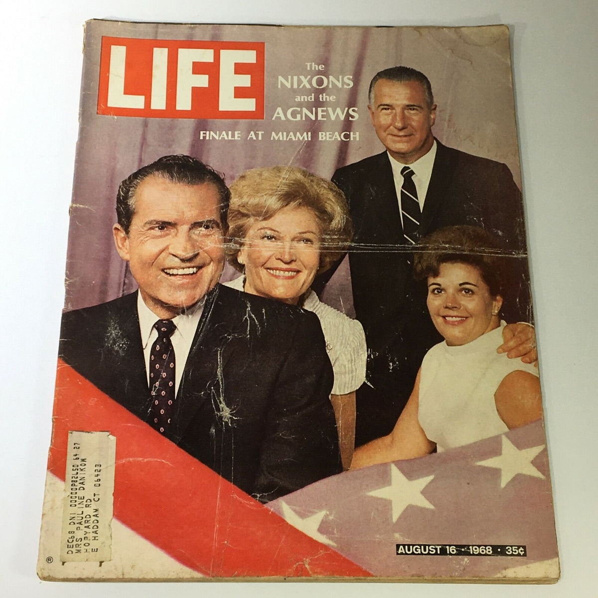 Vintage Life Magazine cover from August 16, 1968, featuring The Nixons and The Agnews Finale. The cover depicts Richard Nixon, Pat Nixon, Spiro Agnew, and an unidentified woman, showcasing a historical snapshot of American political life at Miami Beach.
