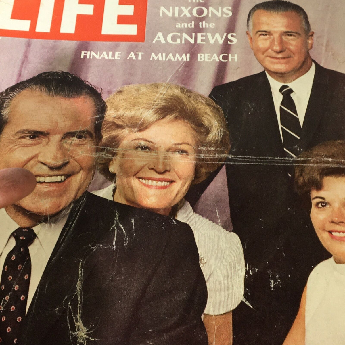 Close-up of the vintage Life Magazine cover dated August 16, 1968, highlighting The Nixons and The Agnews Finale. Features prominent figures including Richard Nixon, Pat Nixon, Spiro Agnew, and a woman, all smiling against a backdrop of stars and stripes.