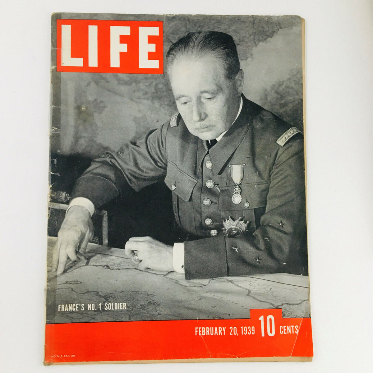 Cover of VTG Life Magazine from February 20, 1939 featuring France's No. 1 General Maurice Gamelin, displaying a military figure attending a map.
