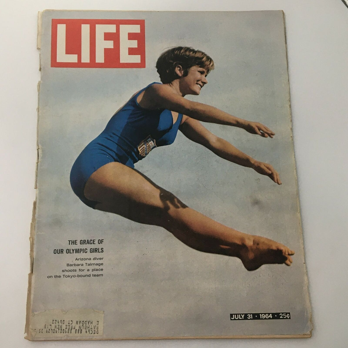 VTG Life Magazine July 31 1964 cover featuring Olympic diver Barbara Talmage in a blue swimsuit, air diving pose, showcasing the grace of Olympic athletes.