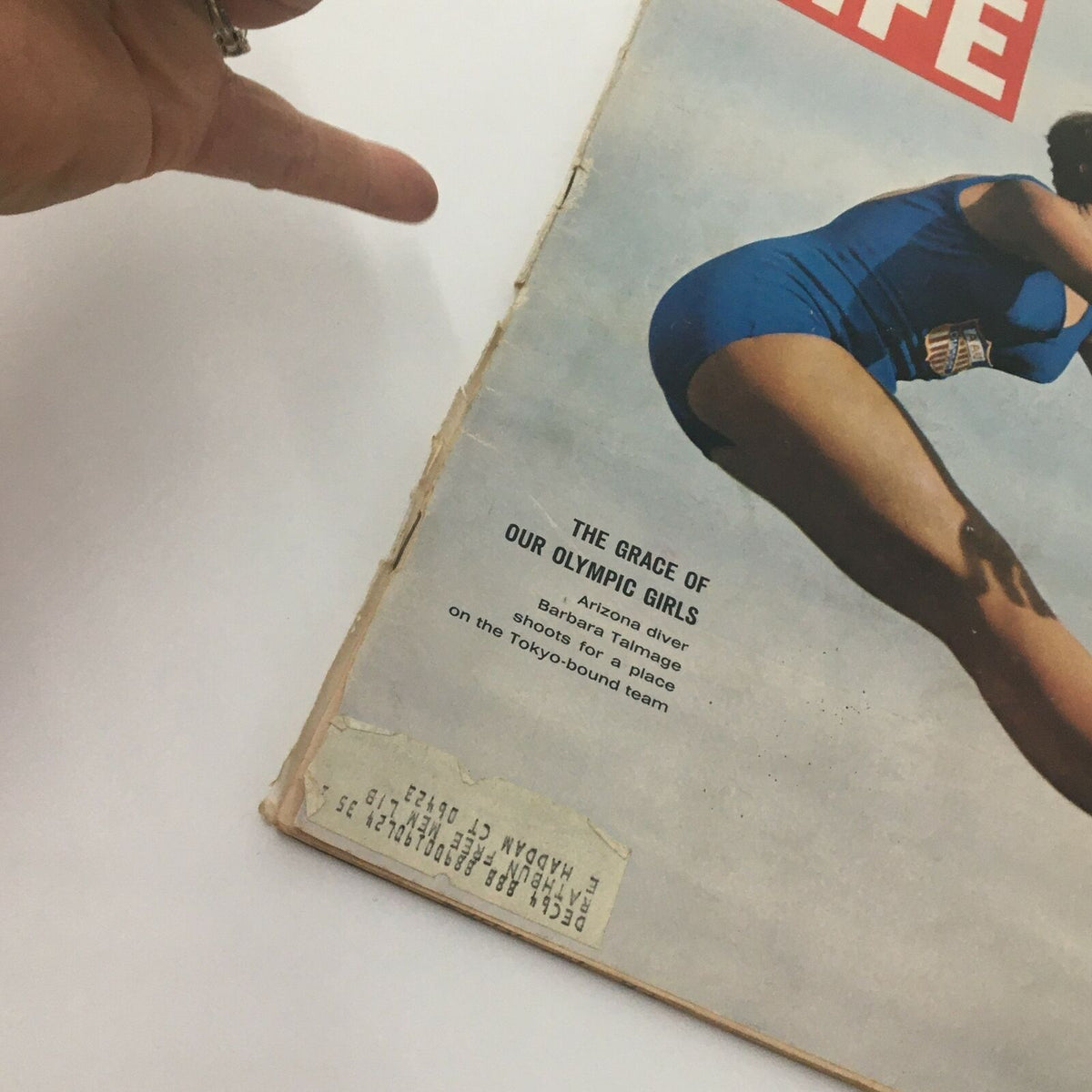 Close-up of the VTG Life Magazine July 31 1964 cover highlighting Olympic diver Barbara Talmage's photo and text, 'The Grace of Our Olympic Girls', revealing details about her journey to the Tokyo Olympics.