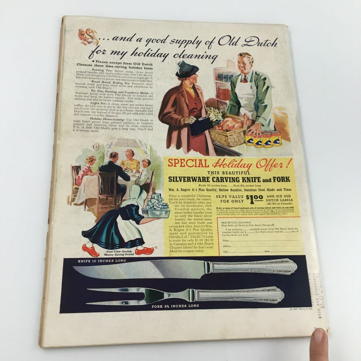 Back cover of the VTG Life Magazine from November 15, 1937, featuring a colorful advertisement for Old Dutch Cleanser and a holiday special offering a silverware carving knife and fork.