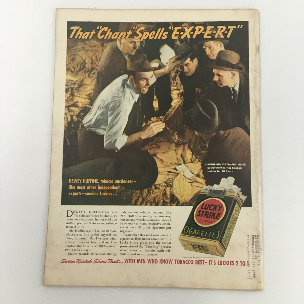 Back cover of VTG Life Magazine from May 30, 1938, featuring an advertisement for Lucky Strike cigarettes and a scene with men engaged in a tobacco auction, capturing the advertising style of the era.