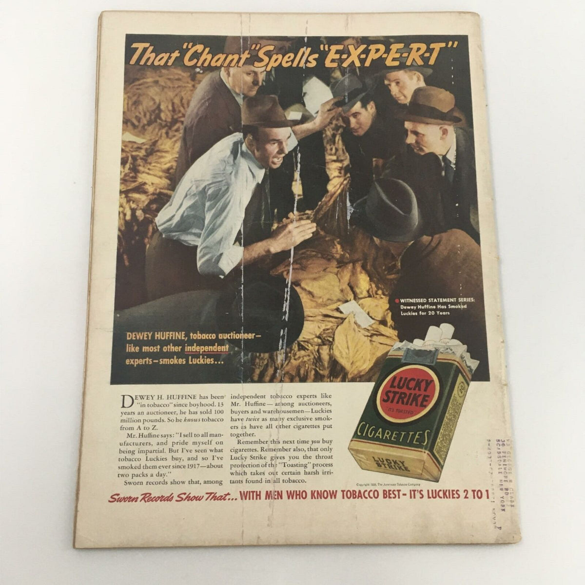 Back cover of VTG Life Magazine May 30, 1938 displaying an advertisement for Lucky Strike cigarettes and a group of tobacco auctioneers.