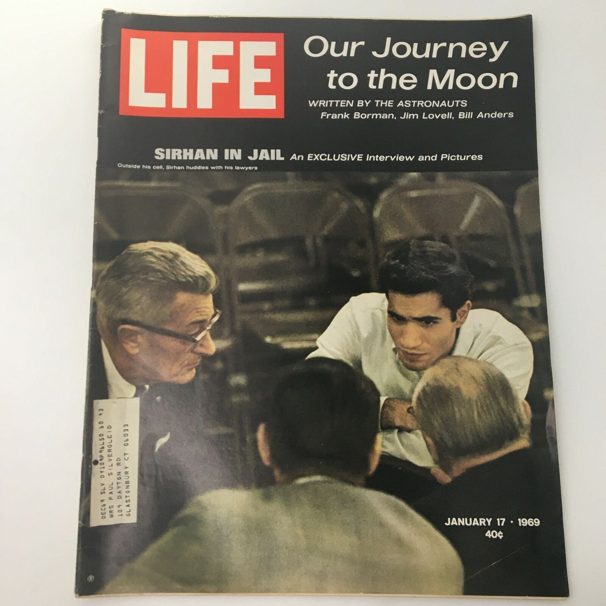 Cover of VTG Life Magazine January 17 1969 featuring 'Our Journey to the Moon' written by astronauts Frank Borman, Jim Lovell, and Bill Anders. The cover highlights a discussion scene with several individuals.