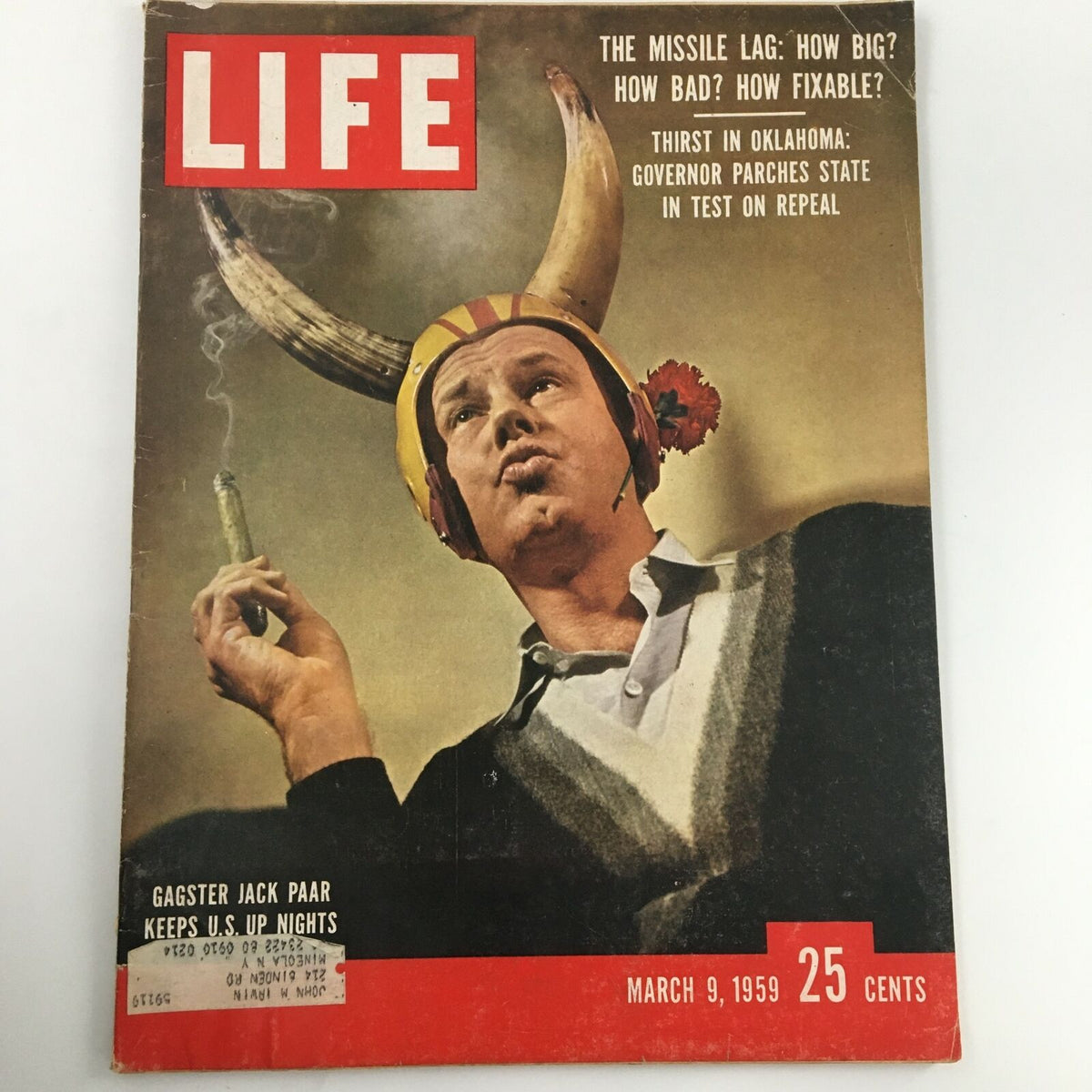 Vintage Life Magazine cover from March 9, 1959, featuring Jack Paar, showcasing an article titled "The Missile Lag: How Big? How Bad? How Fixable?" The cover depicts Jack Paar in a humorous pose with horns, emphasizing his role in American pop culture during the late 1950s.