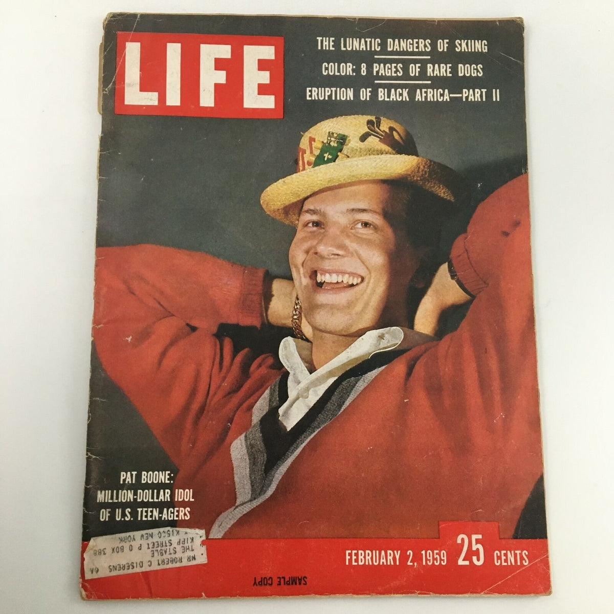 VTG Life Magazine February 2, 1959 featuring Pat Boone on the cover with the headline 'Eruption of Black Africa'. The magazine showcases vibrant retro design indicative of the late 1950s.