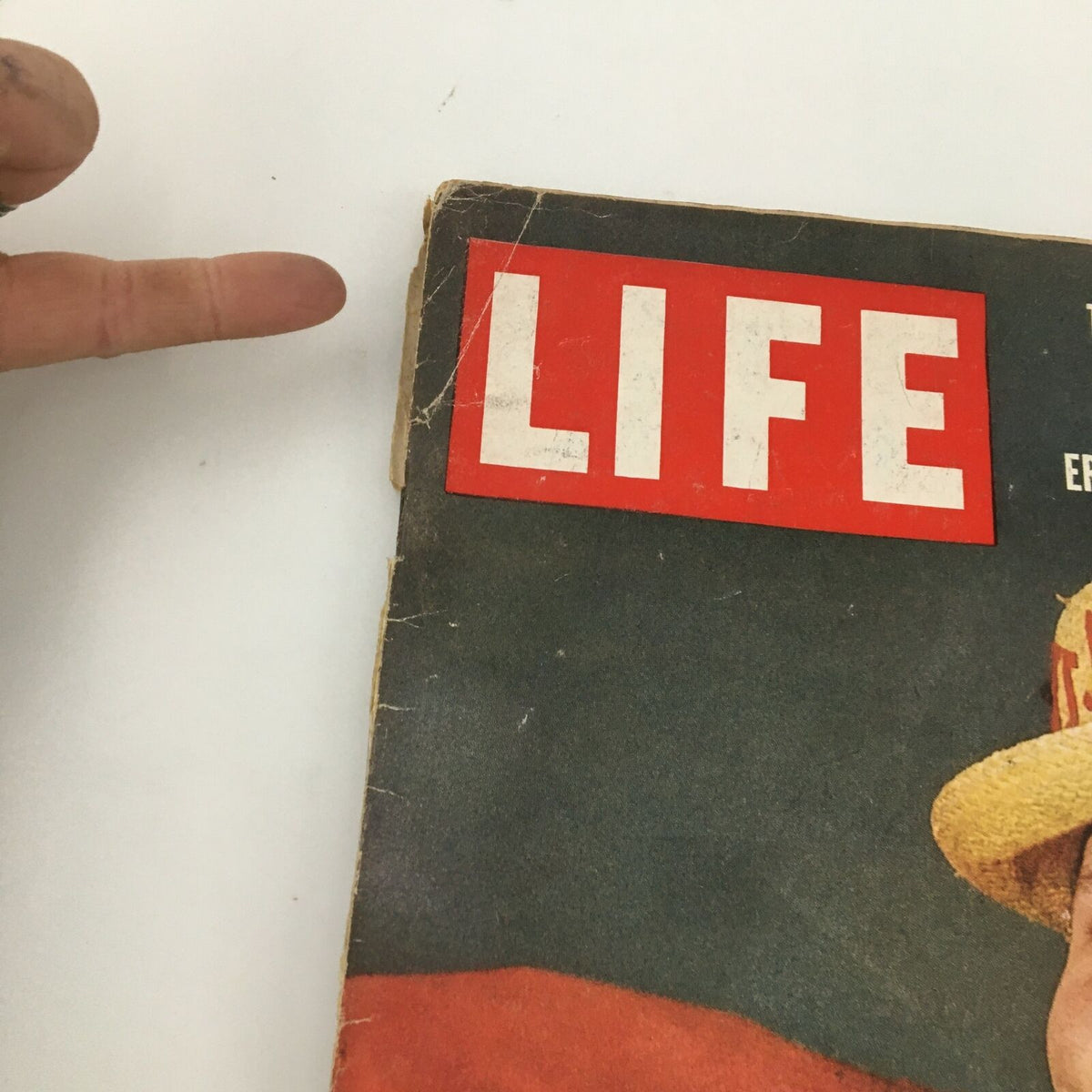 Close-up view of the VTG Life Magazine February 2, 1959 cover showing the iconic title 'LIFE' and the hat worn by Pat Boone. The image highlights the magazine's vintage charm and condition.