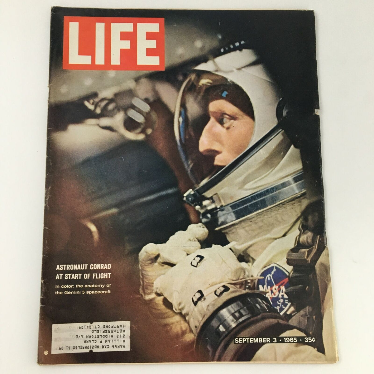 Vintage Life Magazine cover from September 3, 1965, featuring American astronaut Pete Conrad, highlighting the start of his flight and the Gemini spacecraft.