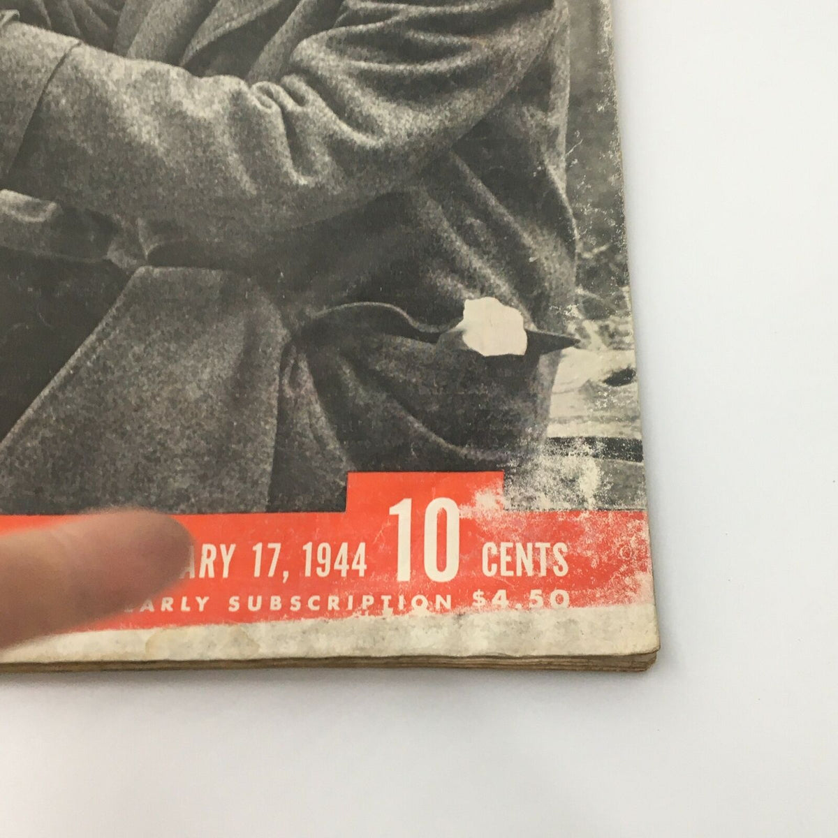Close-up view of the January 17, 1944 issue of Life Magazine featuring the date, 10 cents price, and subscription details, showcasing the vintage cover by Charles Beard.