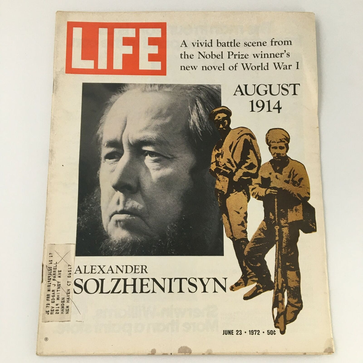 VTG Life Magazine June 23 1972 featuring Alexander Solzhenitsyn on the cover, showcasing a portrait of the Nobel Prize-winning writer with a historical theme related to World War I.