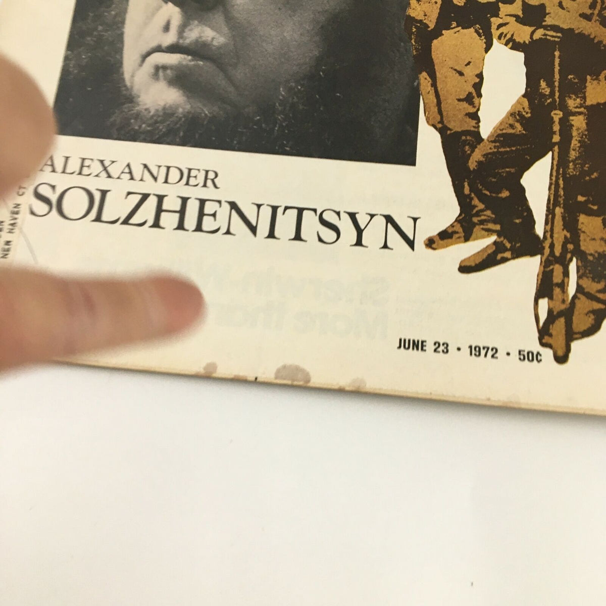 Close-up view of the cover of VTG Life Magazine June 23, 1972, featuring Alexander Solzhenitsyn, showcasing the publication date and price.
