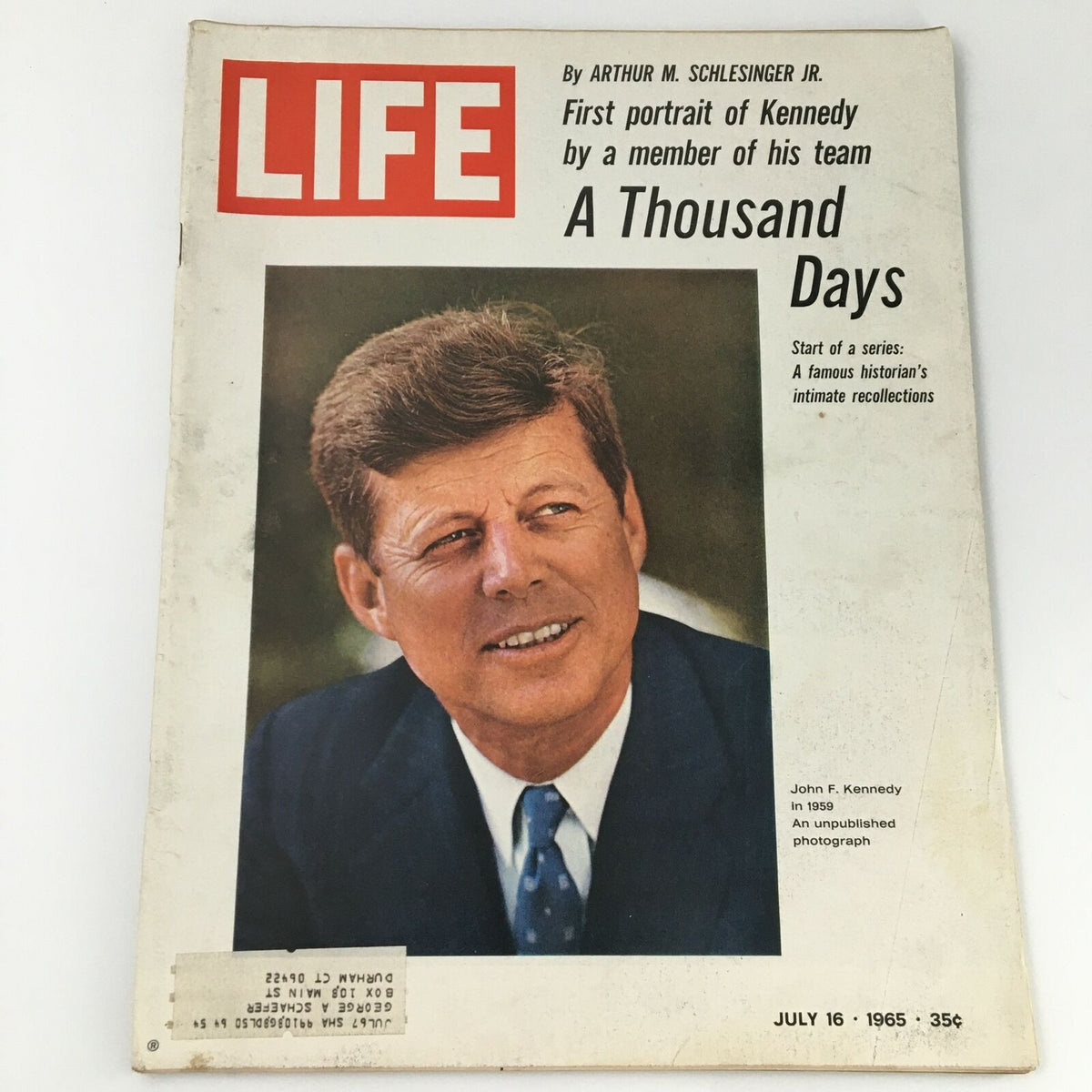 VTG Life Magazine July 16, 1965 featuring A Thousand Days of John F. Kennedy on the cover, depicting a portrait of JFK with his signature hairstyle and suit.