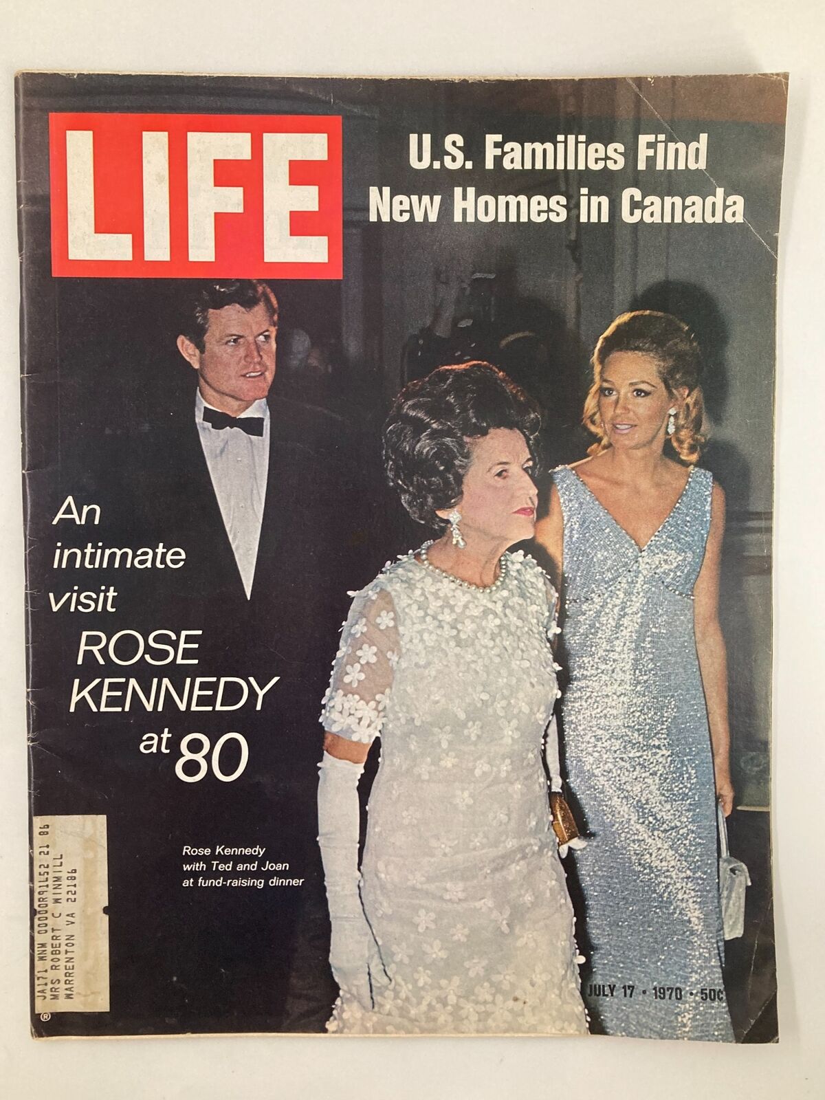 VTG Life Magazine July 17 1970 cover featuring Rose Kennedy at 80, with Ted and Joan, showcasing an intimate visit during a formal event.