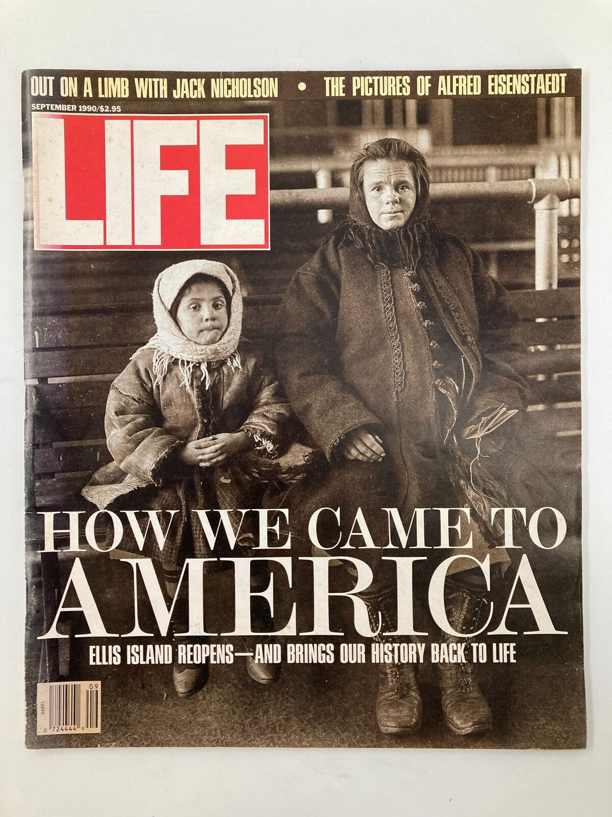 Vintage Life Magazine cover from September 1990 titled 'How We Came To America' featuring two children in historical clothing, highlighting the reopening of Ellis Island and celebrating immigrant stories.