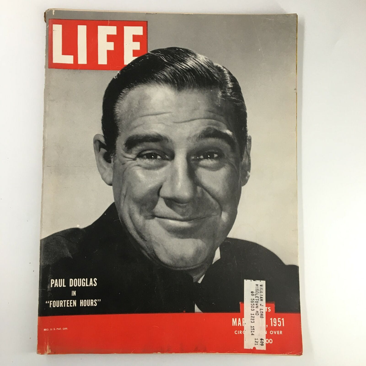 Cover of the VTG Life Magazine March 12, 1951, featuring Paul Douglas in 'Fourteen Hours' with a smiling expression and prominent red LIFE logo.